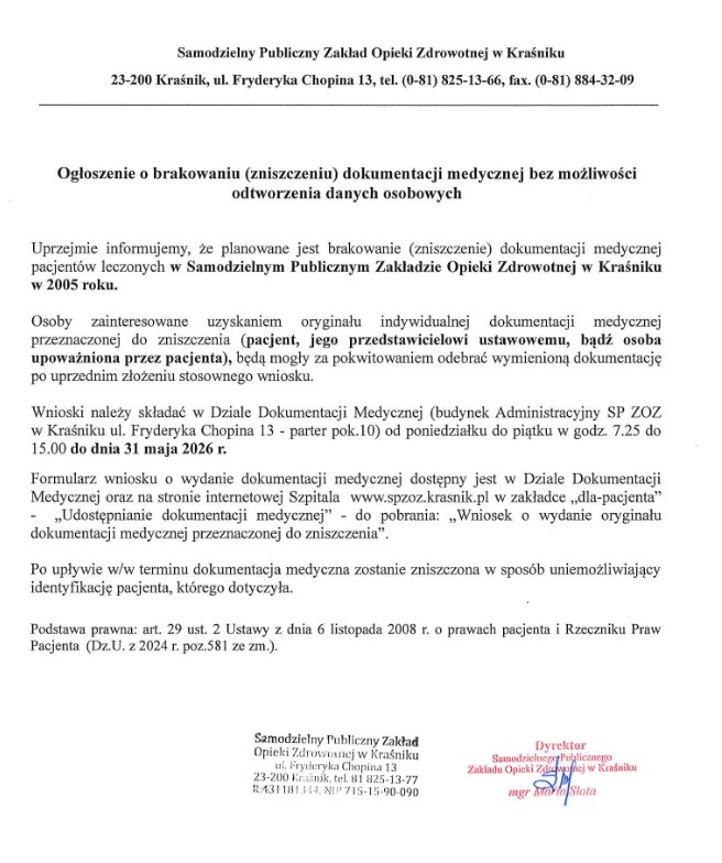 Ogłoszenie o brakowaniu dokumentacji medycznej z 2005 r. 