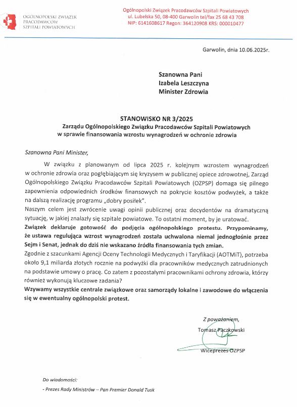 Stanowisko nr 3/2025 OZPSP w sprawie finansowania wzrostu wynagrodzeń w ochronie zdrowia